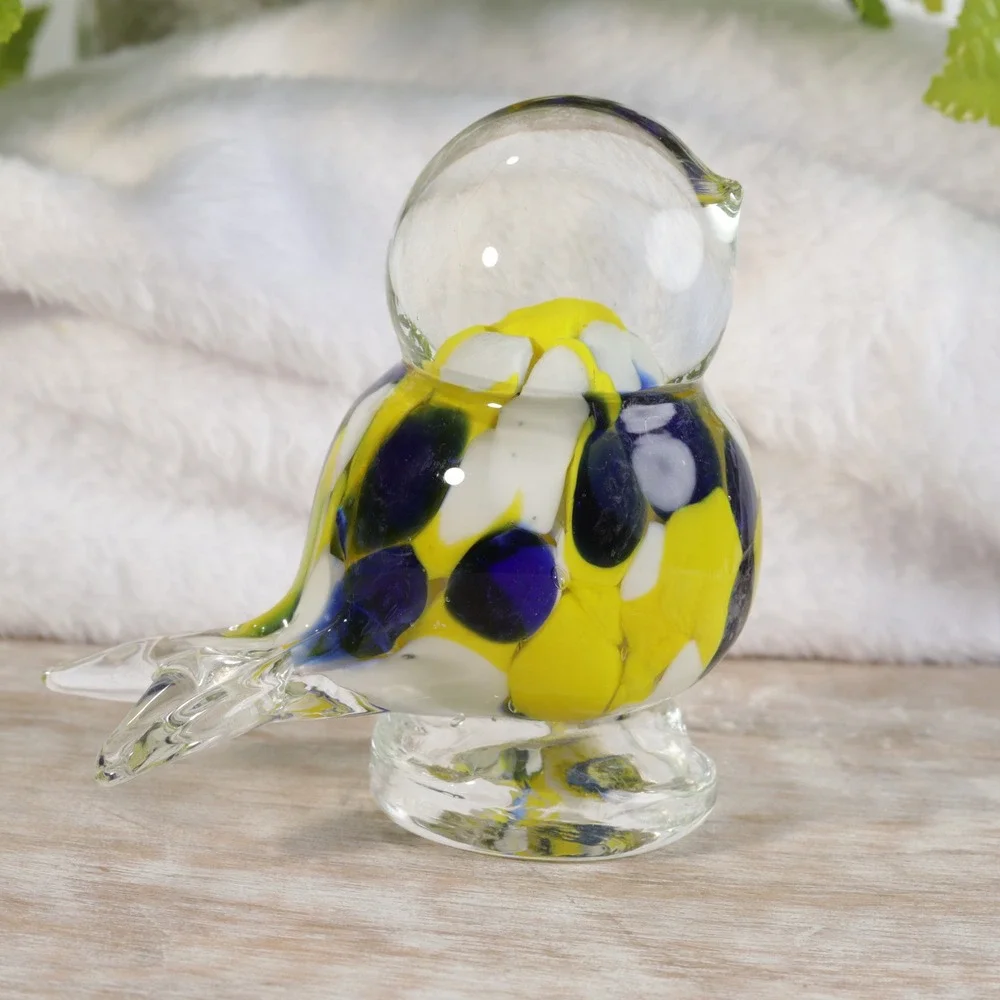 Art Glass Bird Figurine Yellow Blue White Confetti Murano Style Paperweight